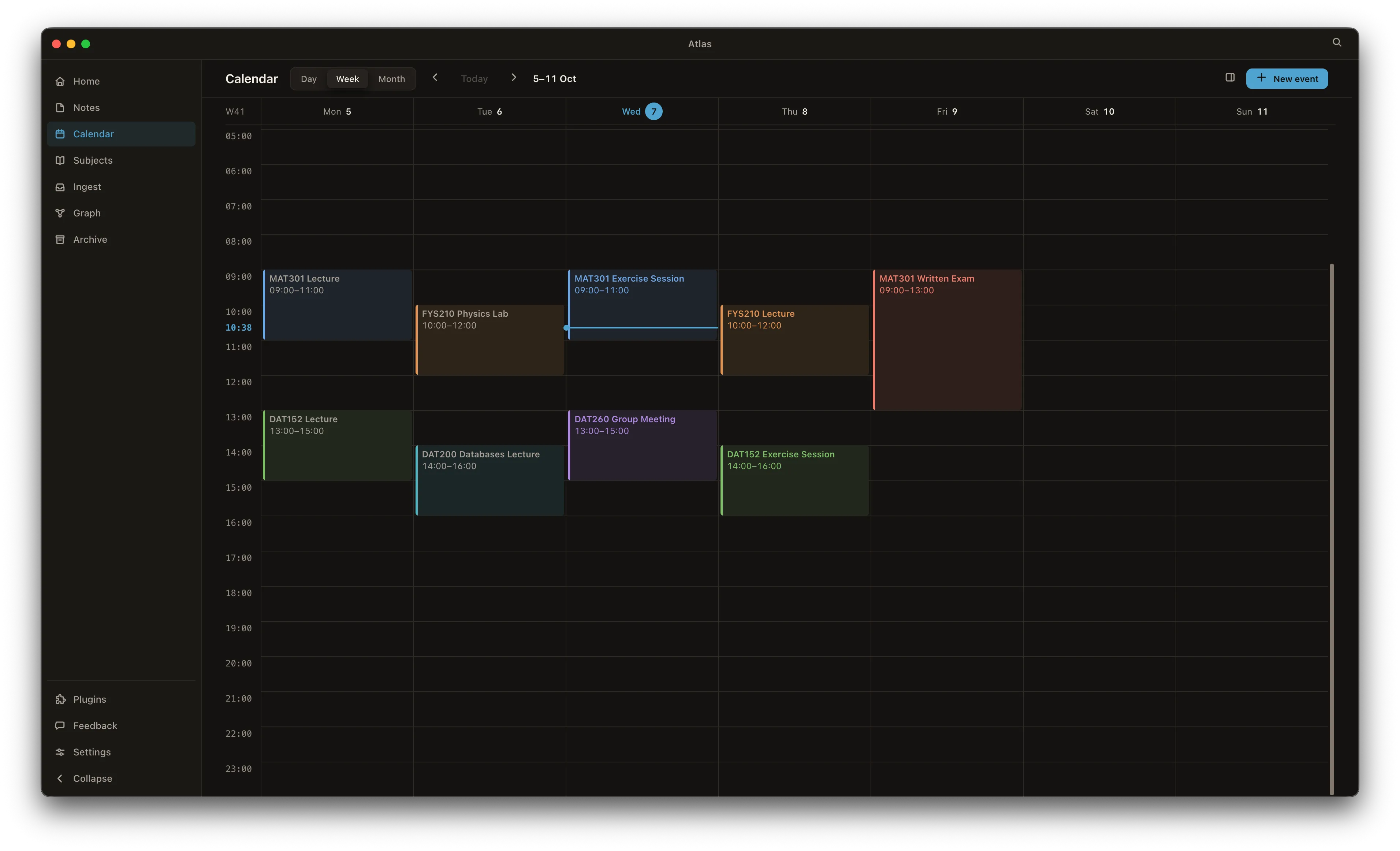 The Atlas calendar’s week view: lectures, labs and exercise sessions coloured by subject, a written exam on Friday, and a line at the current time.