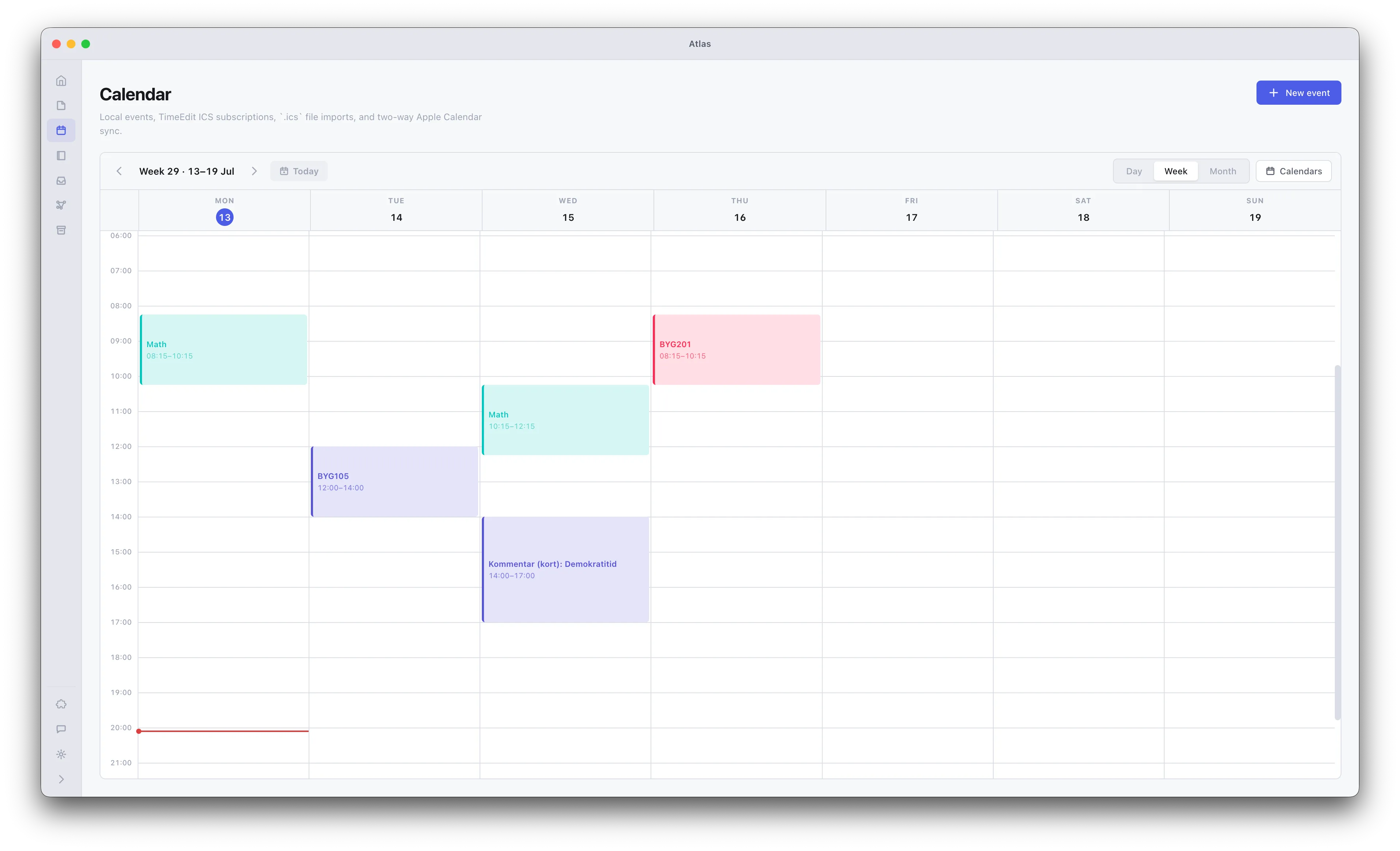 The Atlas calendar listing upcoming class events, with TimeEdit subscription and Apple Calendar sync controls.