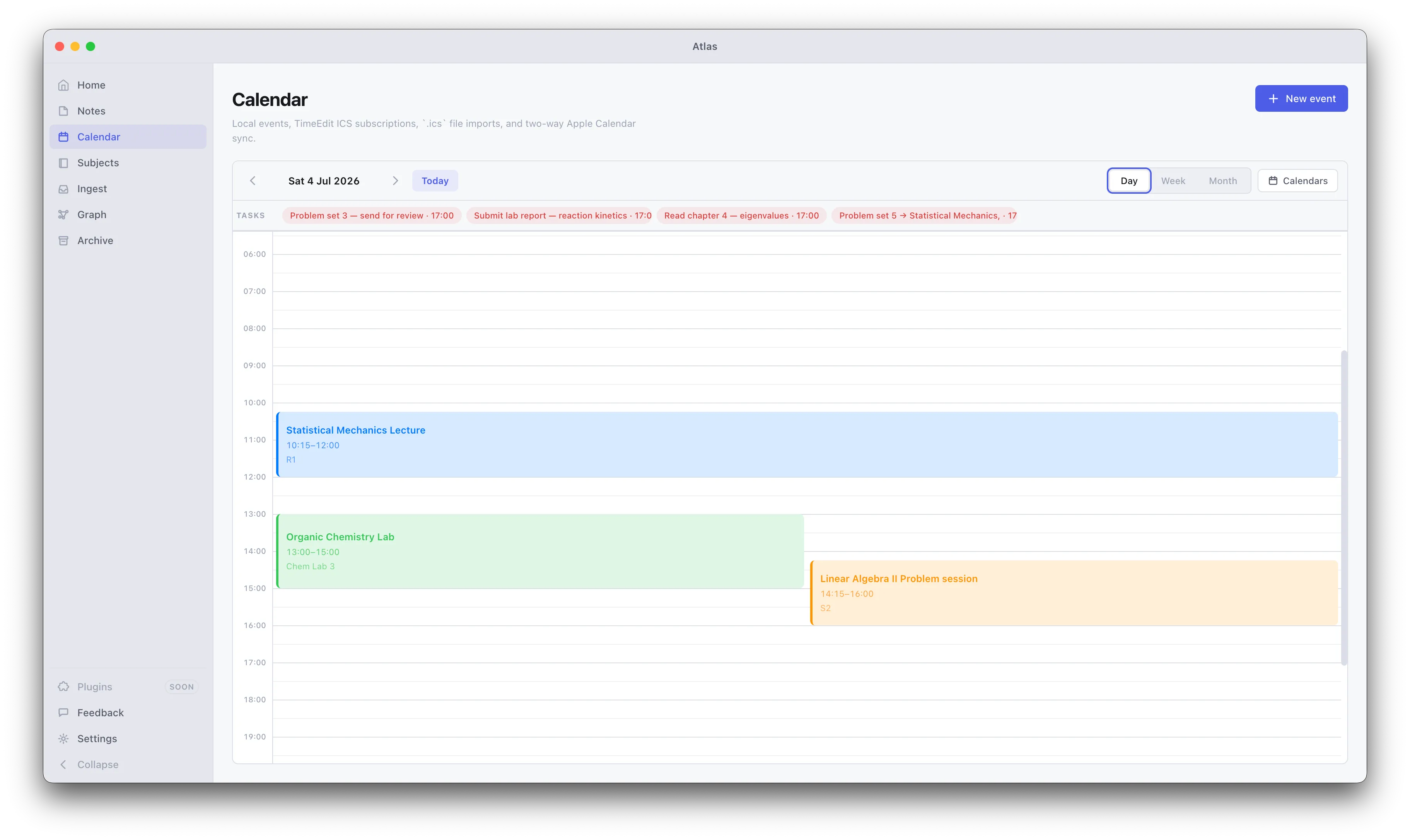 The Atlas calendar listing upcoming class events, with TimeEdit subscription and Apple Calendar sync controls.