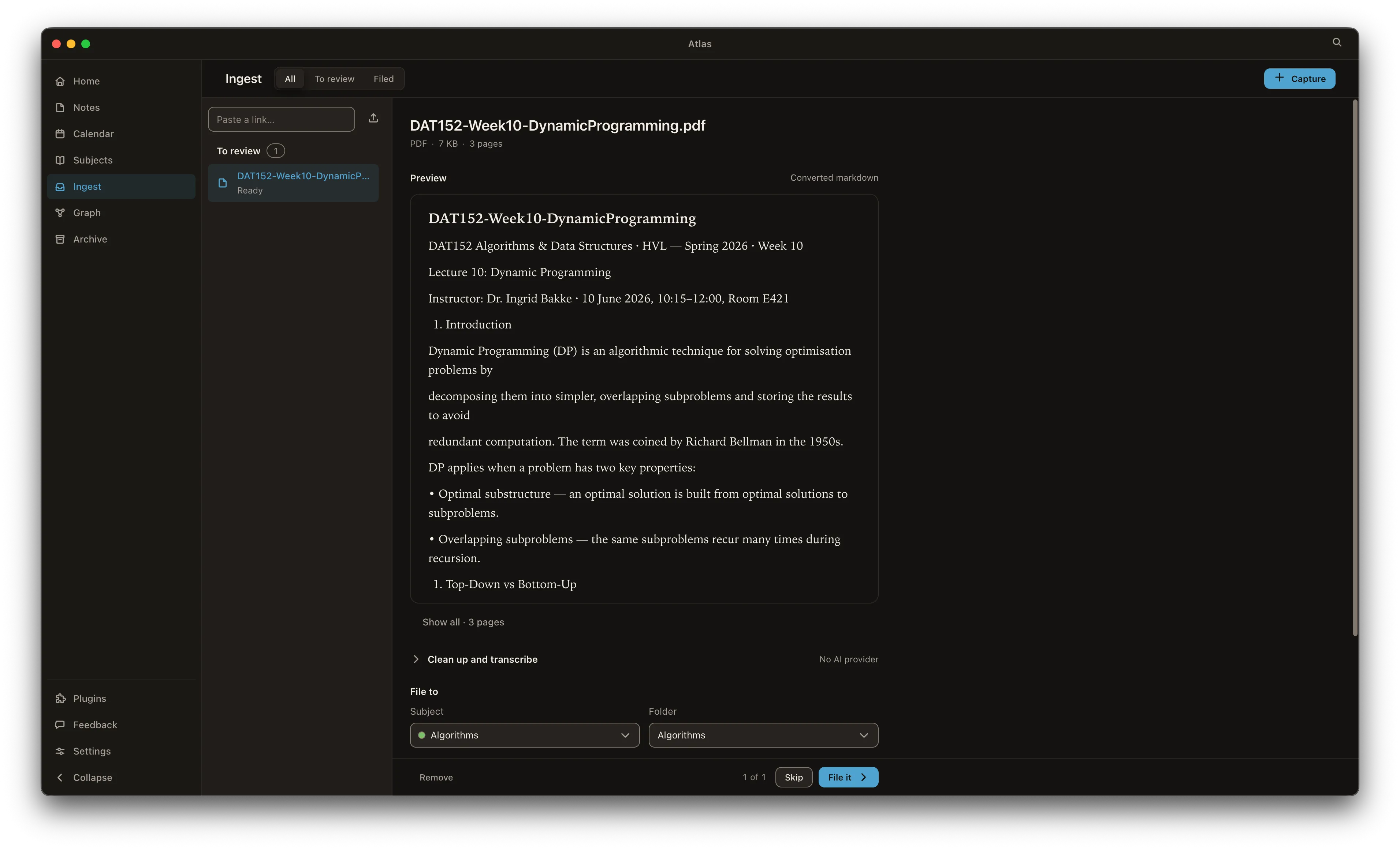 Atlas Ingest with a lecture PDF converted to markdown, set to be filed under its subject and folder.