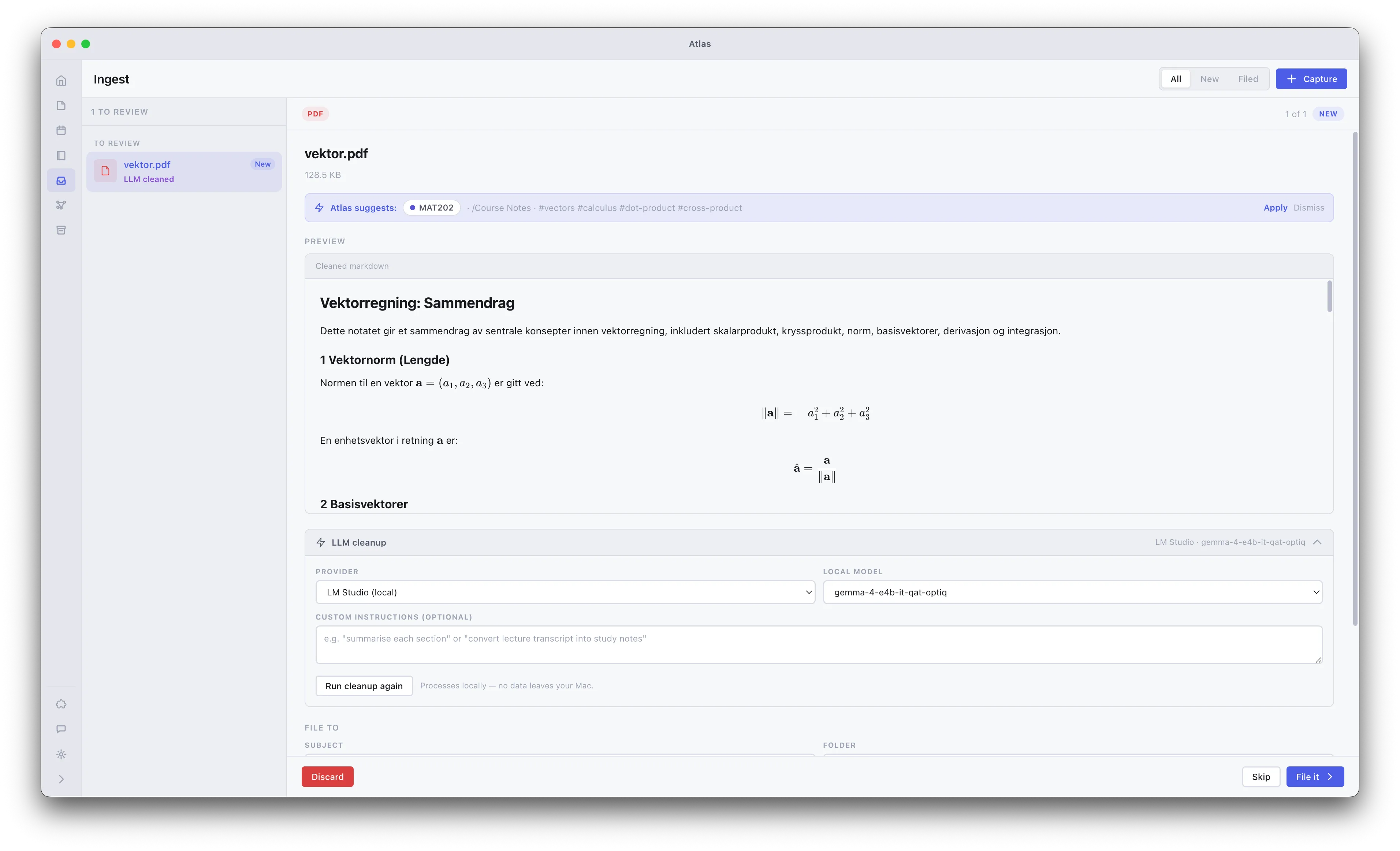 Atlas Ingest converting a lecture PDF into clean markdown, with the LLM cleanup options shown.