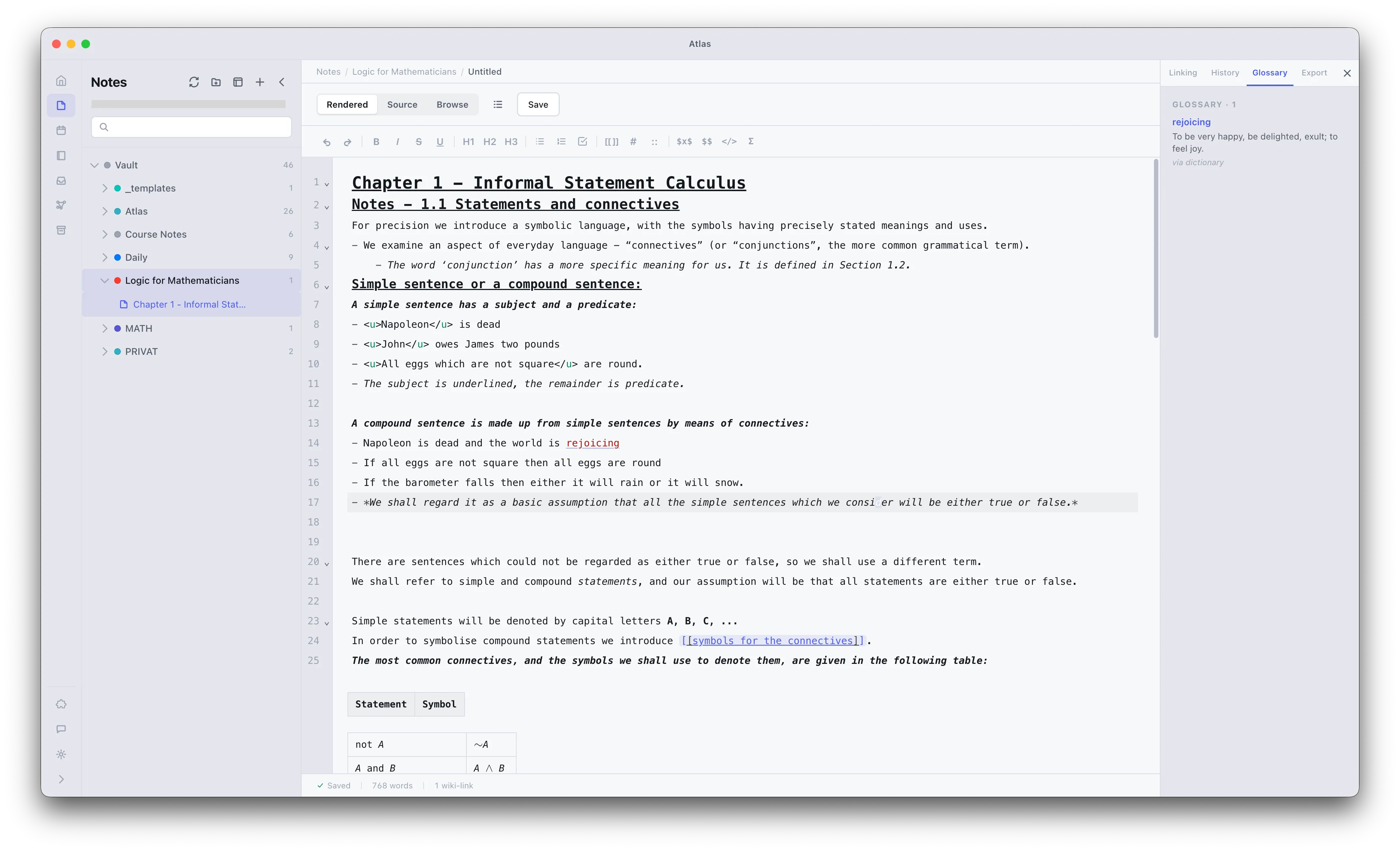 The Atlas notes editor: a markdown note with wiki-links and tags beside a live rendered preview, with the folder tree on the left.