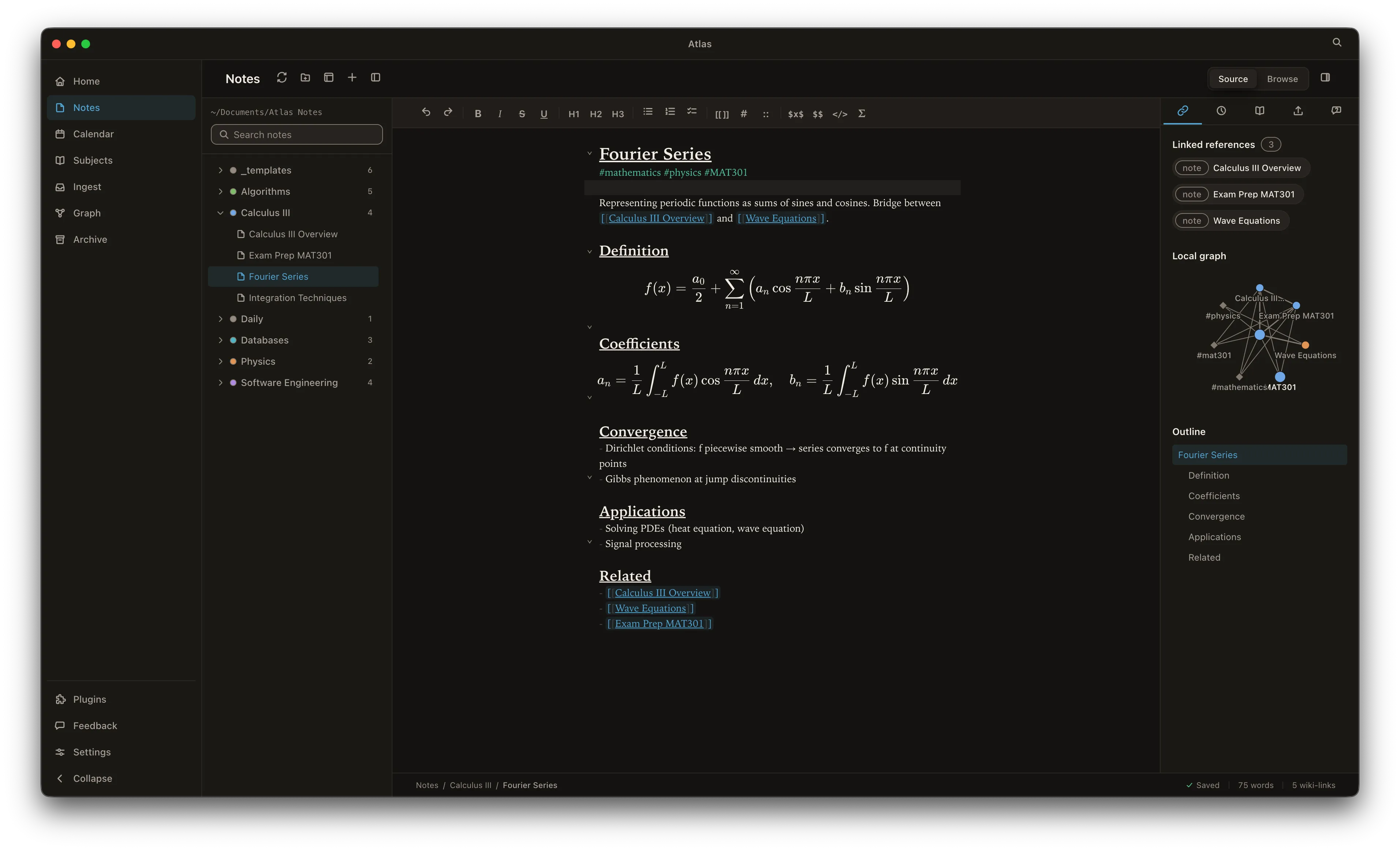 The Atlas notes editor: a calculus note with tags, wiki-links and typeset equations, the folder tree with a folder for each subject, and a side panel with the note’s linked references, local graph and outline.