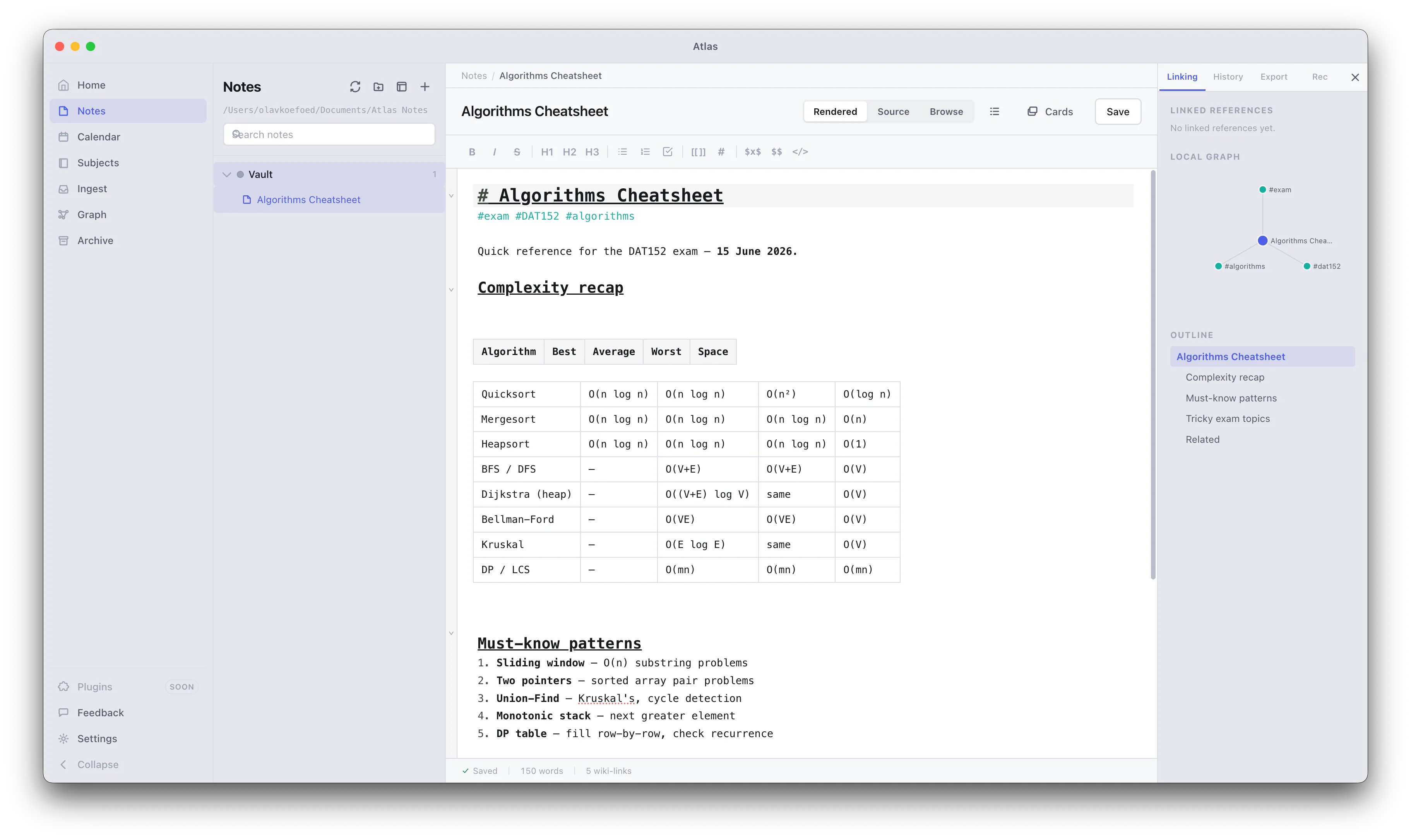 The Atlas notes editor: a markdown note with wiki-links and tags beside a live rendered preview, with the folder tree on the left.