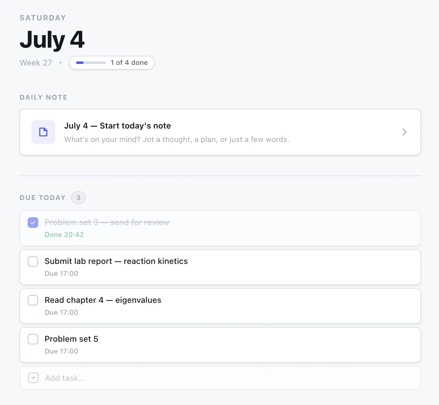 The Atlas Home view for today: a date header with a progress pill, a due-today task list with inline quick-add, and the day’s schedule below.