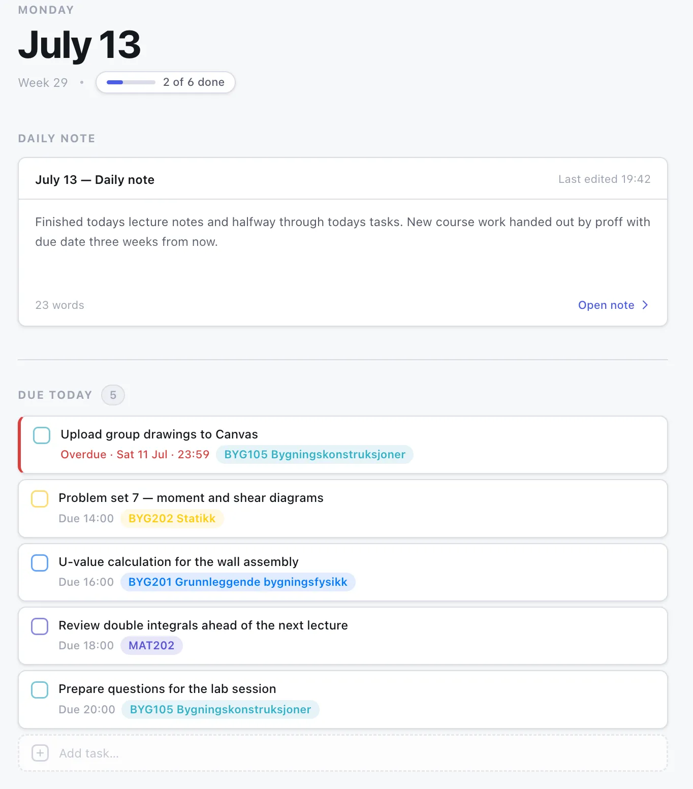 The Atlas Home view for today: a date header with a progress pill, a due-today task list with inline quick-add, and the day’s schedule below.