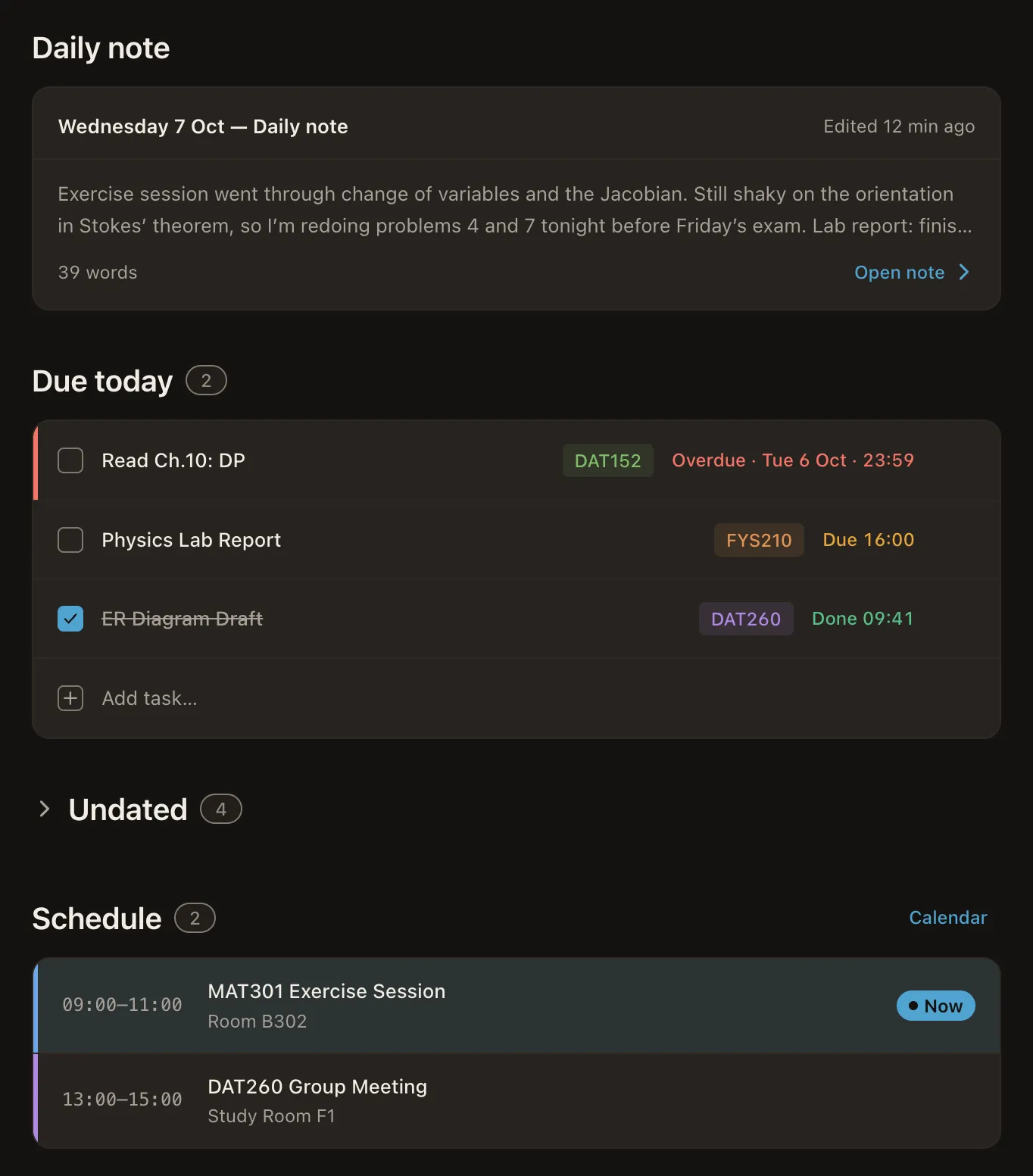 Home’s today column in Atlas: a preview of the daily note, the tasks due today (one overdue, one due at 16:00, one done) above an Add task row, and the day’s schedule, with the exercise session under way marked Now.